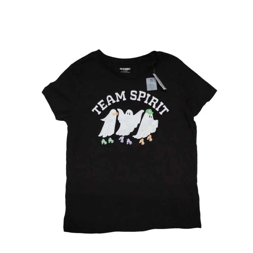 Old Navy Team Spirit Ghosts‎ T-Shirt XL (14-16) Black Cotton Kids Halloween Tee